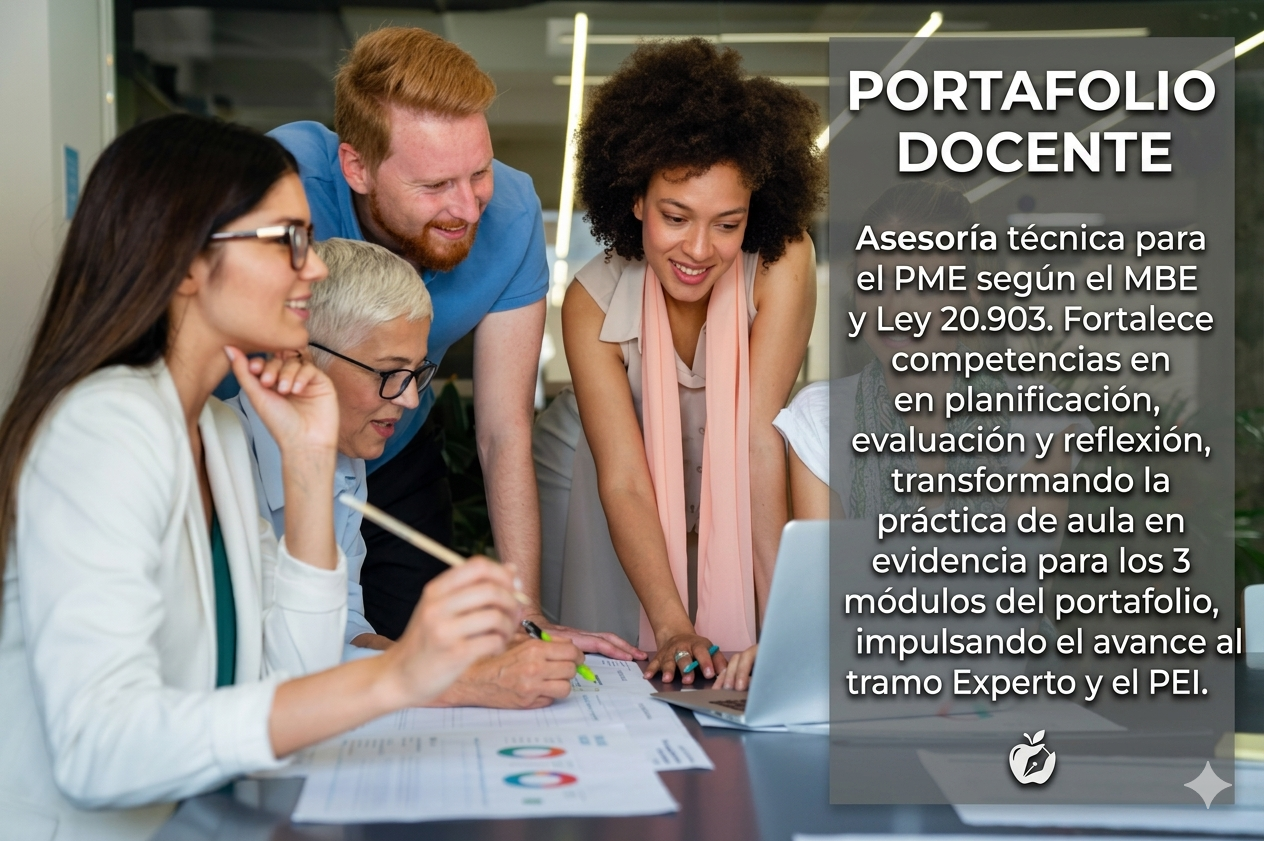 Equipo docente colaborando en una mesa con laptop y documentos, mientras una mujer sonríe y escribe.Corporación Verne